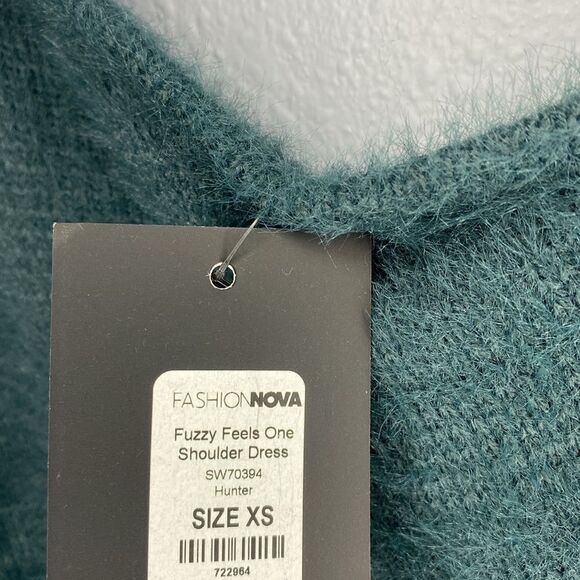 NWT New Fashion Nova Fuzzy Feels Green One Shoulder Dress Size XS - Picture 7 of 11